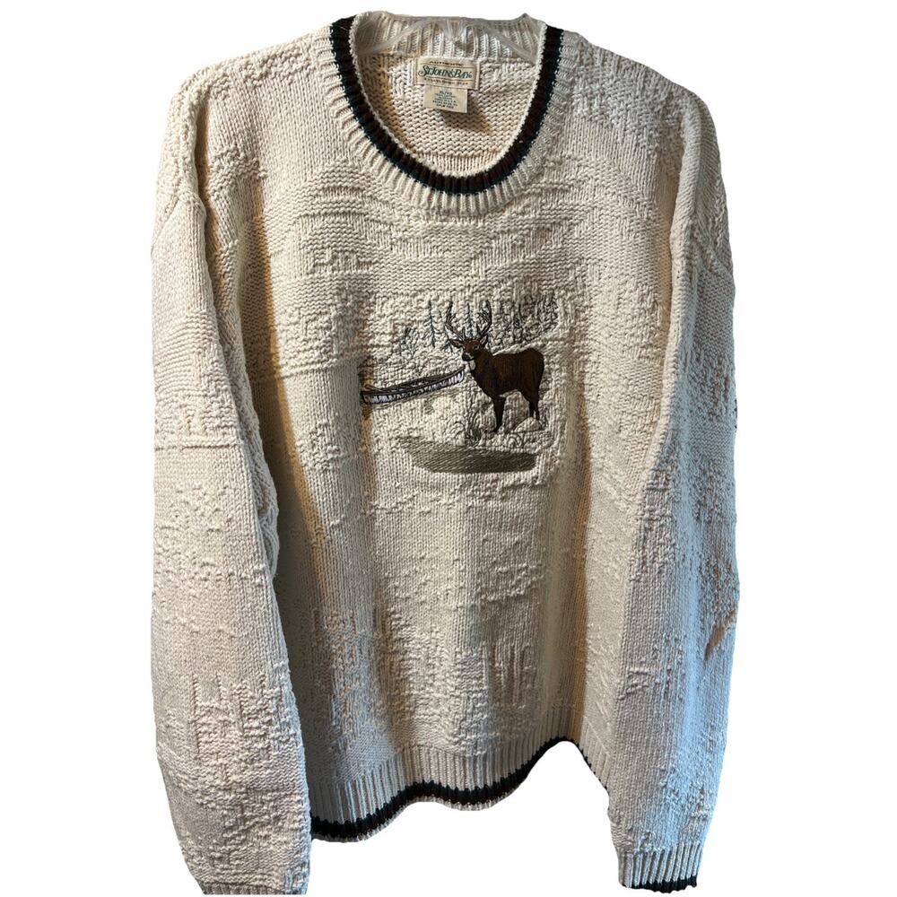 Vintage 90s St Johns Bay Knit Sweater XL White Deer Embroidered Nature USA